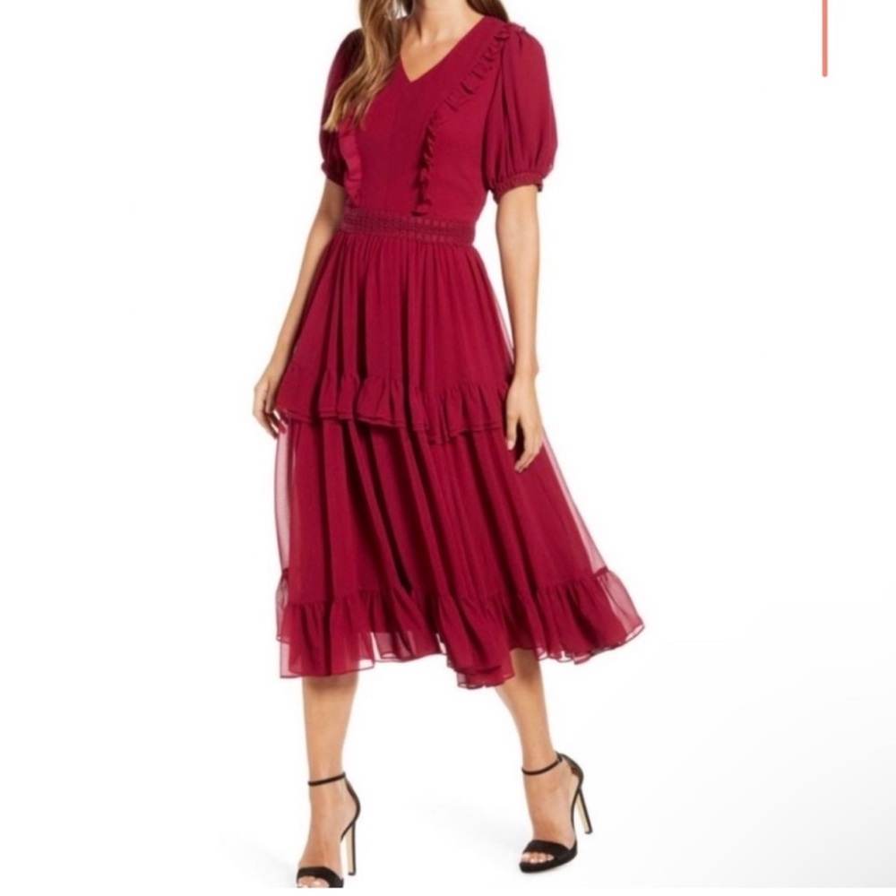 Rachel Parcell Red Burgundy Tiered Midi Dress.